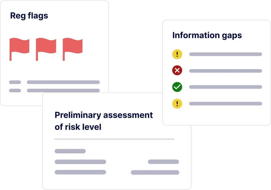 Advisory services illustration showing red flags, information gaps and risk assessment cards